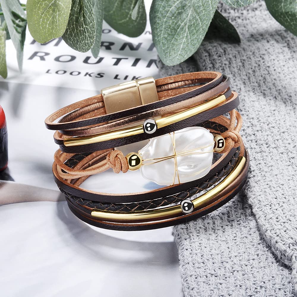 Fesciory Leather Wrap Bracelets for Women, Boho Leopard Multi-Layer Crystal Beads Cuff Bracelet Jewelry - Image 5